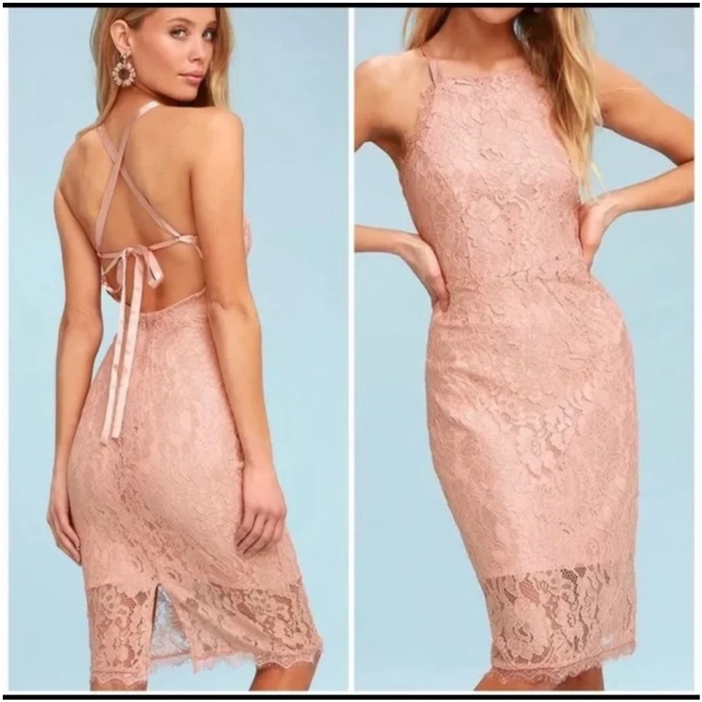 Lulus Light Pink Lace Dress - Crisscross back with ribbon - Size L